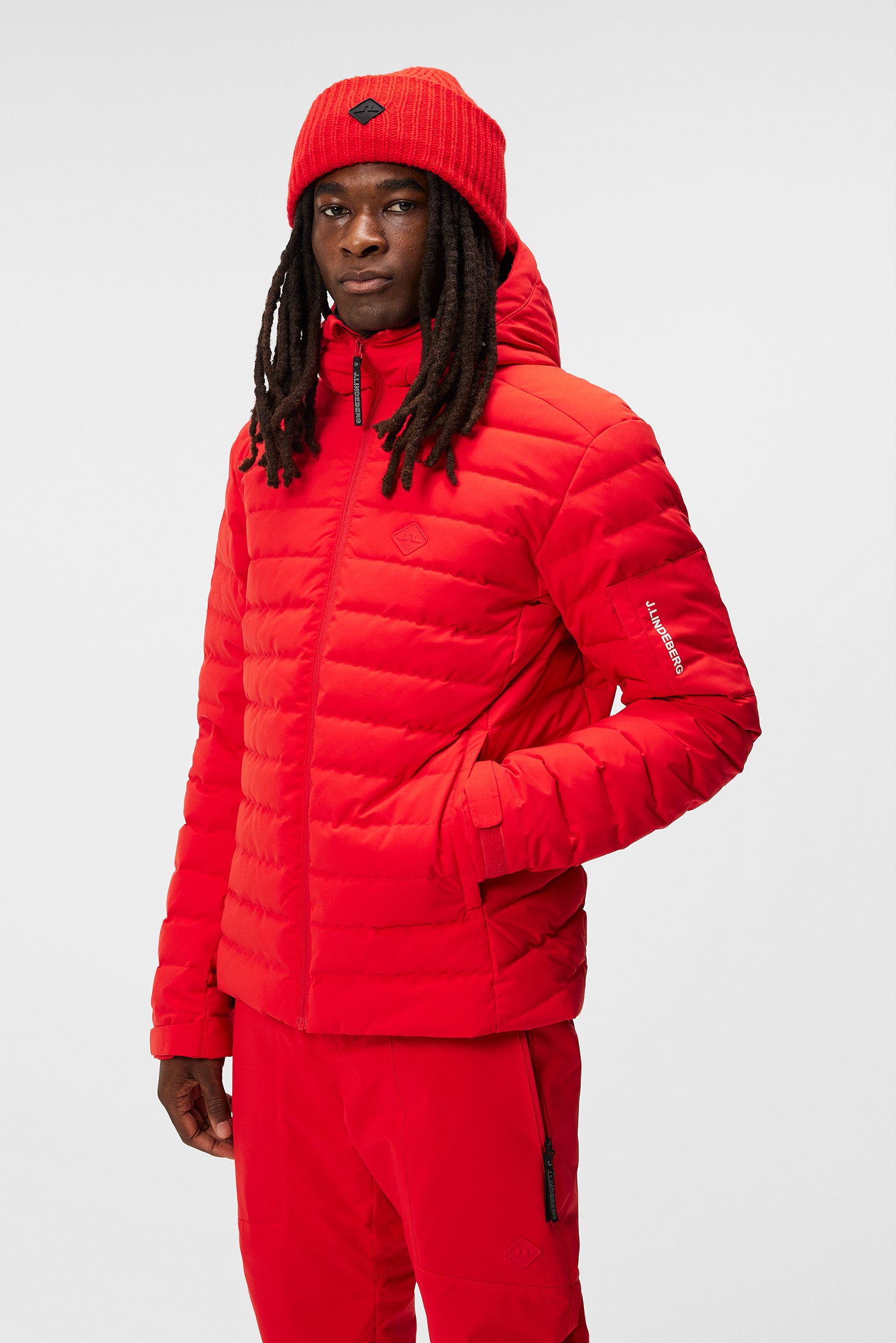 Red puffer store down jacket