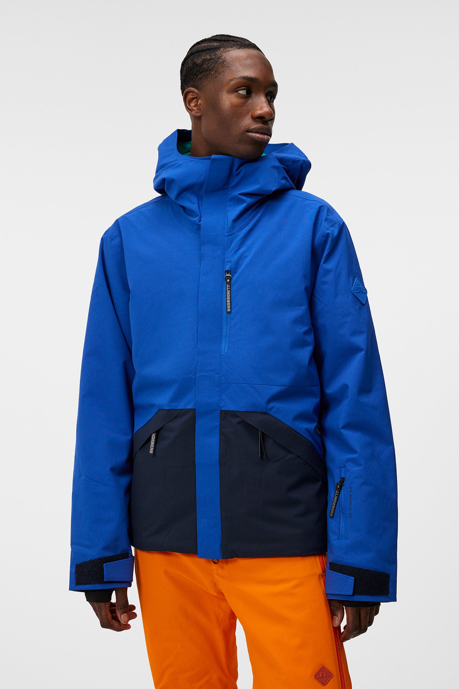 Orange and shop blue ski jacket