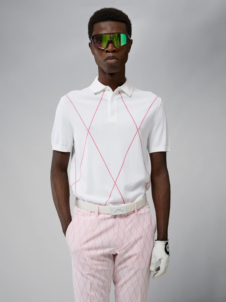 Luke Knitted Argyle Golf Polo / White